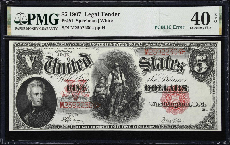 Fr. 91. 1907 $5 Legal Tender Note. PMG Extremely Fine 40 EPQ.
An attractive and...