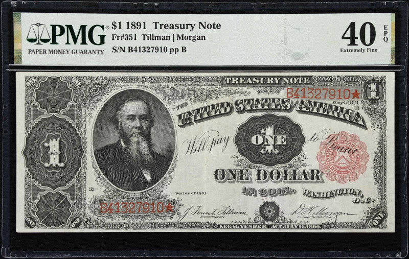 Fr. 351. 1891 $1 Treasury Note. PMG Extremely Fine 40 EPQ.
A lightly circulated...