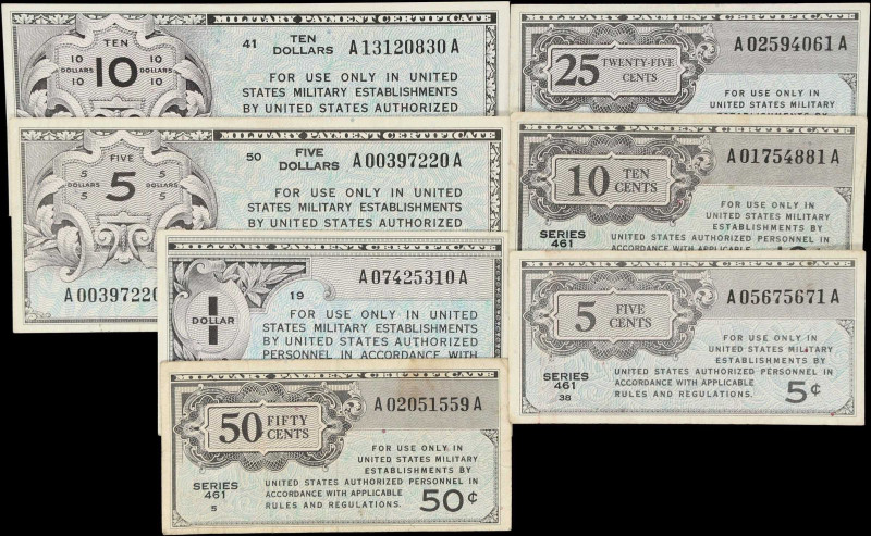 Lot of (7) Military Payment Certificates. Series 461. 5, 10, 25, 50 Cents, $1, $...