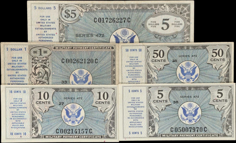 Lot of (5) Military Payment Certificates. Series 472. 5, 10, 50 Cents, $1 & $5. ...