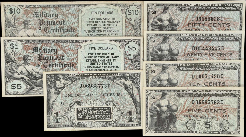 Lot of (7) Military Payment Certificates. Series 481. 5, 10, 25, 50 Cents, $1, $...