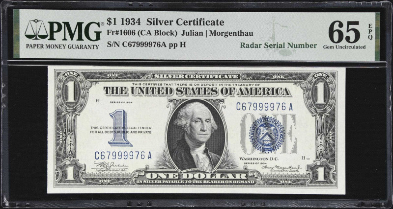 Fr. 1606. 1934 $1 Silver Certificate. PMG Gem Uncirculated 65 EPQ. Radar Serial ...