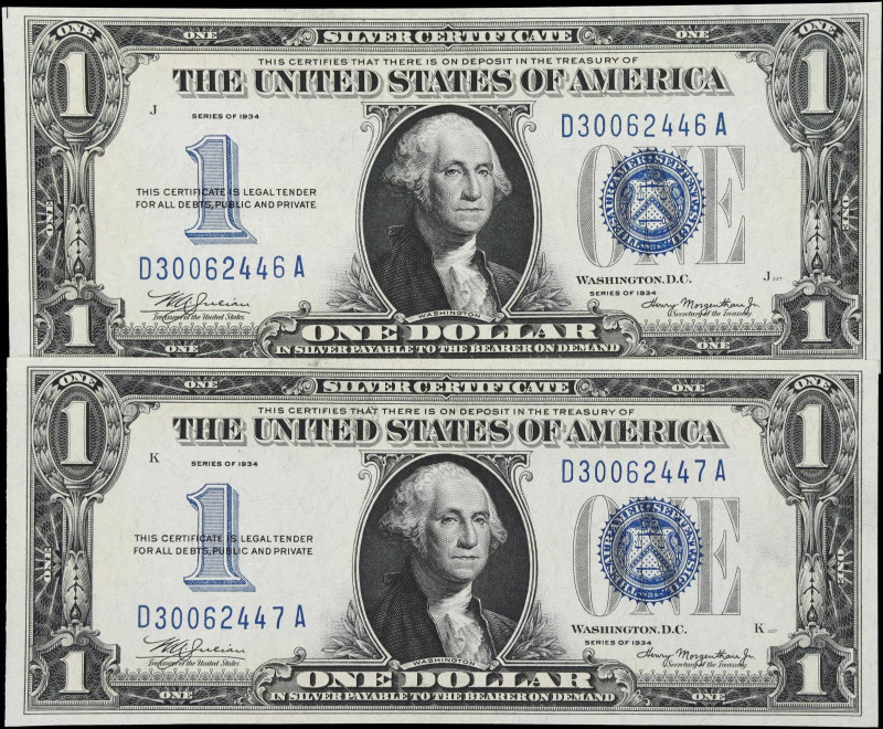 Lot of (2) Fr. 1606. 1934 $1 Silver Certificates. Choice Uncirculated. Consecuti...