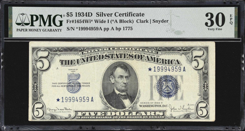 Fr. 1654Wi*. 1934D $5 Silver Certificate Star Note. PMG Very Fine 30 EPQ.
A sca...