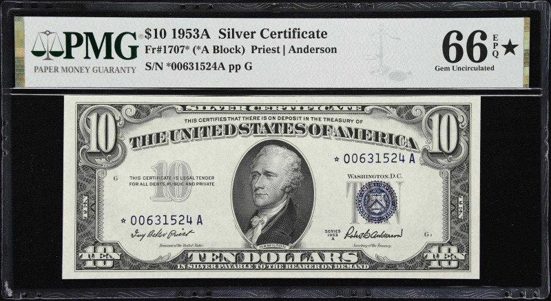 Fr. 1707*. 1953A $10 Silver Certificate Star Note. PMG Gem Uncirculated 66 EPQ*....