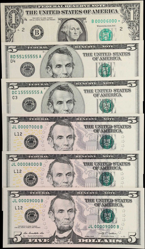 Lot of (6) Fr. 1914-B, 1987-D, 1990-C & 1994-L. 1988-2009 $1 & $5 Federal Reserv...