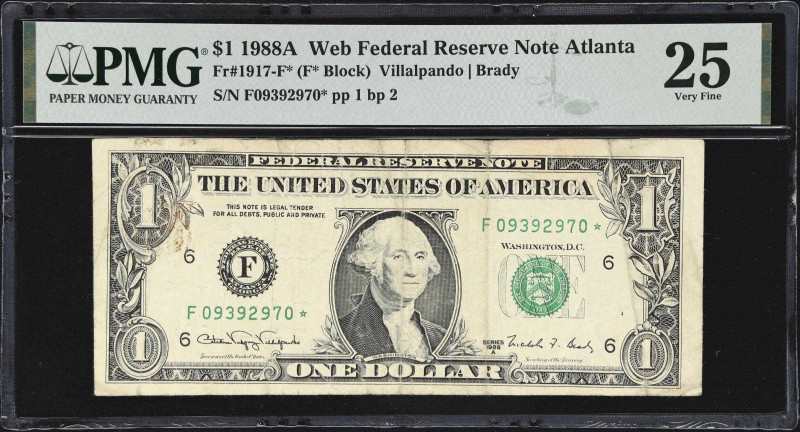 Fr. 1917-F*. 1988A $1 Federal Reserve Web Star Note. Atlanta. PMG Very Fine 25....