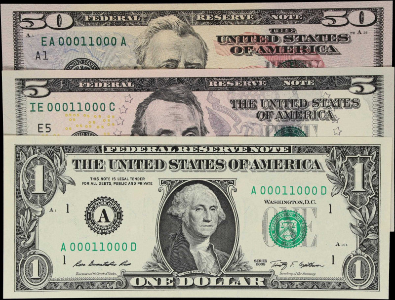 Lot of (3) Fr. 3000-A, 1993-E & 2128-A. 2004-09 $1, $5 & $50 Federal Reserve Not...