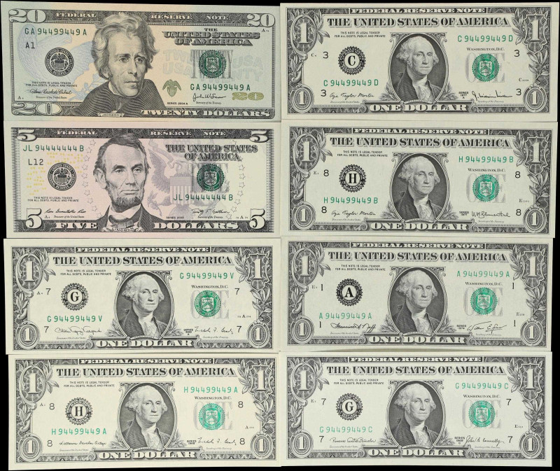 Lot of (8). 1969C-2009 $1, $5 & $20 Federal Reserve Notes. Choice Uncirculated t...