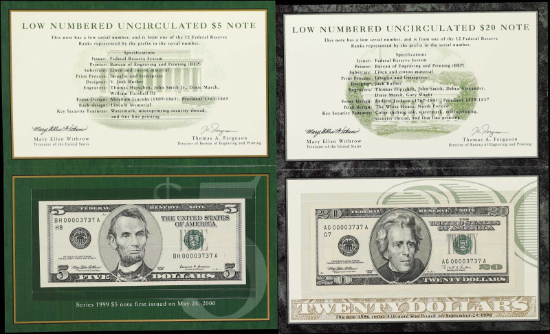 Lot of (2) Fr. 1987-H & 2084-G. 1996-99 $5 & $20 Federal Reserve Notes. Chicago ...