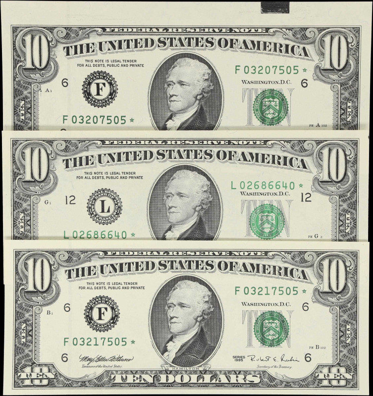 Lot of (3) Fr. 2032-F* & 2032-L*. 1995 $10 Federal Reserve Star Notes. Atlanta &...