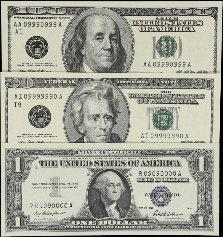 Lot of (3) Fr. 1619, 2084-I & 2175-A. 1957-96 $1, $20 & $100 Silver Certificate ...