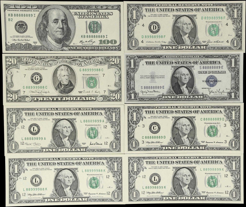 Lot of (8). 1935D-2006A $1, $20 & $100 Silver Certificate & Federal Reserve Note...