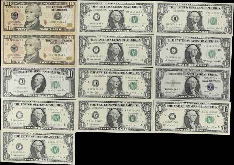 Lot of (13). 1935E-2013 $1 & $10 Silver Certificate & Federal Reserve Notes. Abo...