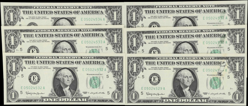 Lot of (6) Fr. 1900-E. 1963 $1 Federal Reserve Notes. Richmond. Choice Uncircula...