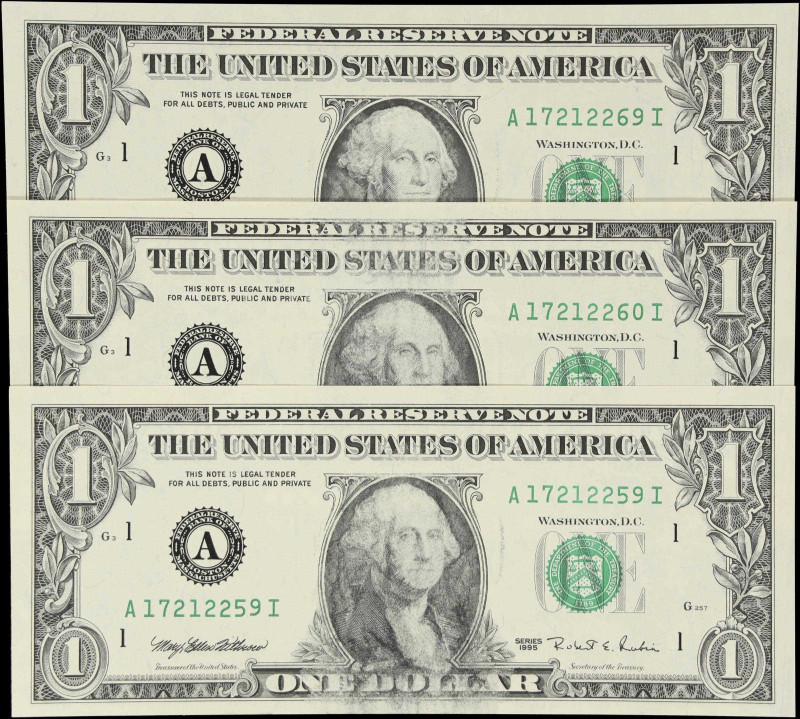 Lot of (3) Fr. 1921-A. 1995 $1 Federal Reserve Notes. Boston. Gem Uncirculated. ...