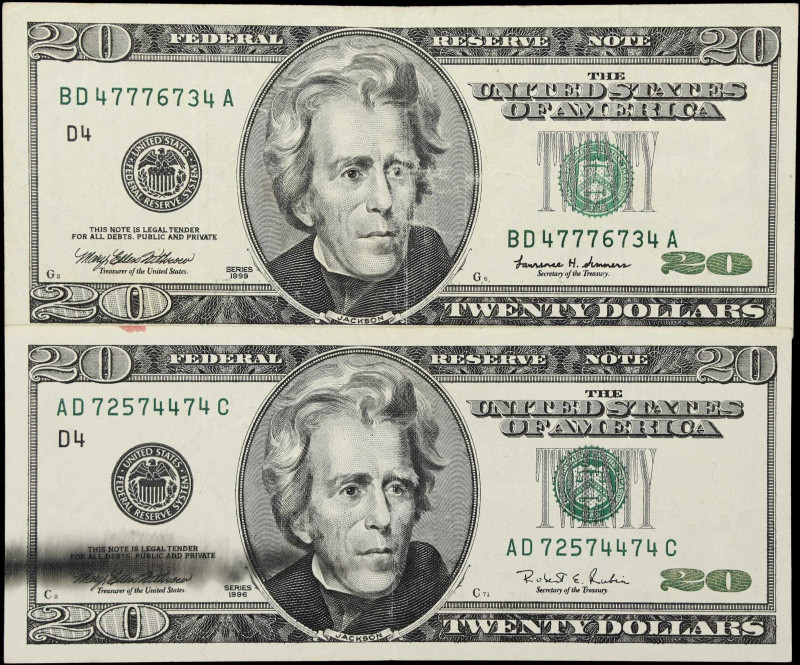 Lot of (2) Fr. 2083-D & 2085-D. 1996-99 $20 Federal Reserve Notes. Cleveland. Ve...