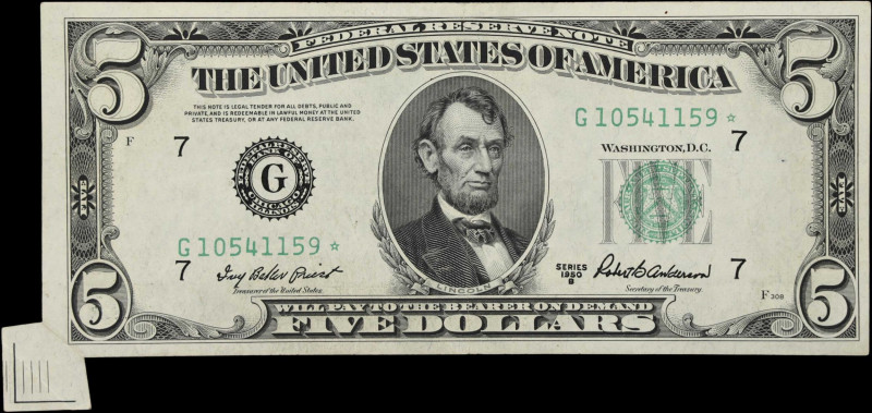 Fr. 1963-G*. 1950B $5 Federal Reserve Star Note. Chicago. About Uncirculated. Fo...