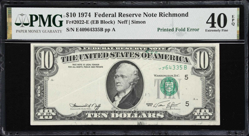 Fr. 2022-E. 1974 $10 Federal Reserve Note. Richmond. PMG Extremely Fine 40 EPQ. ...