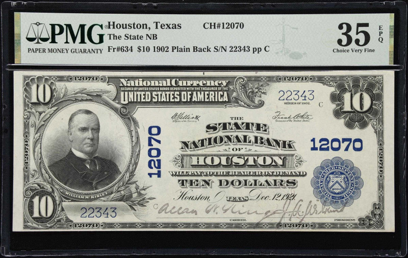 Houston, Texas. $10 1902 Plain Back. Fr. 634. State NB. Charter #12070. PMG Choi...