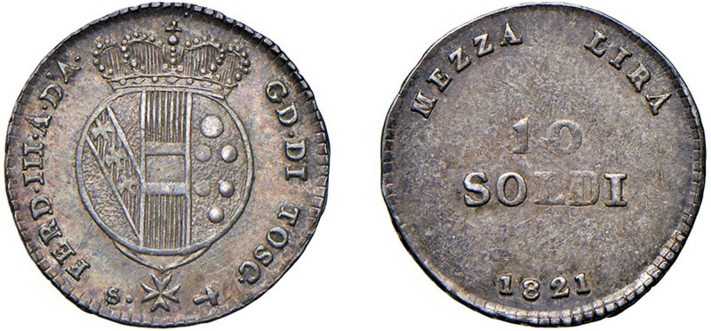 FIRENZE - FERDINANDO III (1791-1824) - 10 soldi da 1/2 lira, 1821
Argento - 1,9...