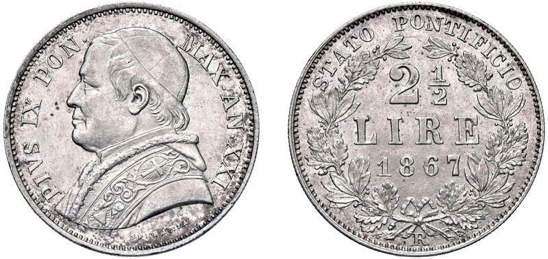 PIO IX, Giovanni Maria Mastai-Ferretti (1846-1870) - 2 1/2 lire 1867, anno XXI
...