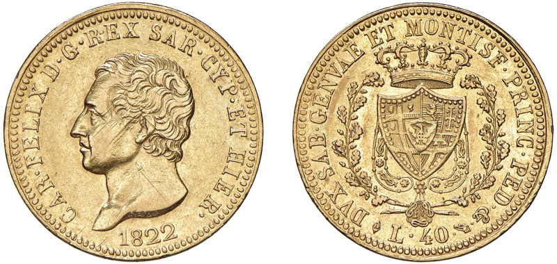 CARLO FELICE (1821-1831) - 40 lire 1822, Torino
Oro - 12,89 gr.
Dritto: Testa ...