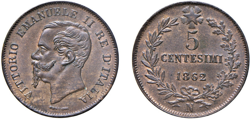 VITTORIO EMANUELE II (1861-1878) - 5 centesimi 1862, Napoli
Rame - 5,19 gr.
Dr...