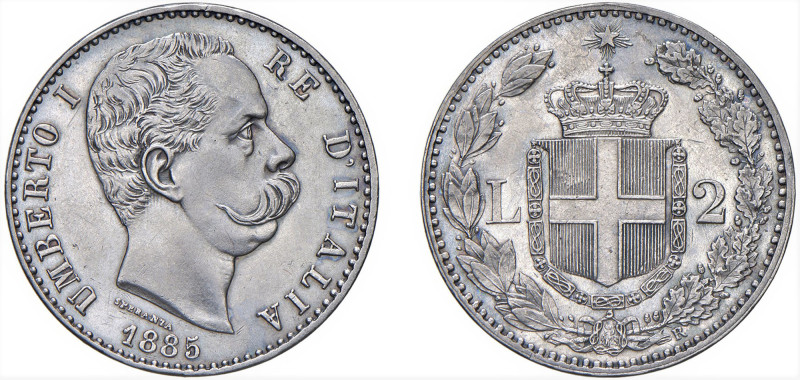 UMBERTO I (1878-1900) - 2 lire 1885, I tipo
Argento 
10,01 gr.
Dritto: Testa ...