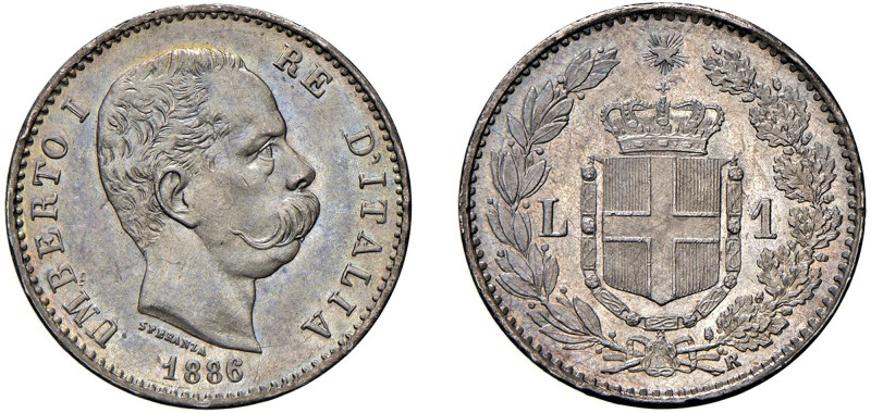 UMBERTO I (1878-1900) - 1 lira 1886
Argento - 5,00 gr.
Dritto: Testa nuda a de...