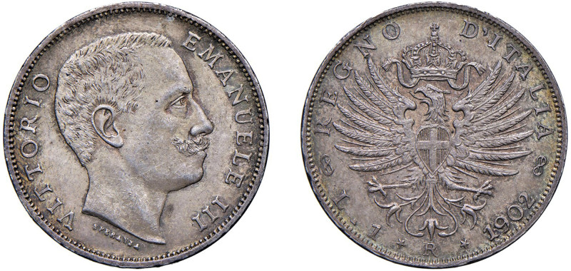 VITTORIO EMANUELE III (1900-1943) - 1 lira 1902
Argento - 5,01 gr.
Dritto: Tes...