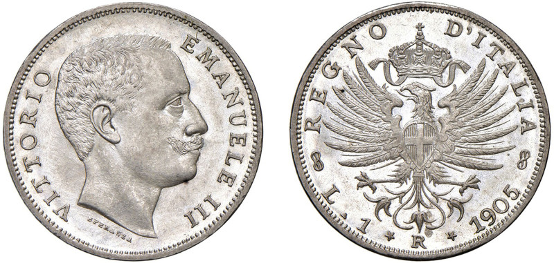 VITTORIO EMANUELE III (1900-1943) - 1 lira 1905
Argento - 5,01 gr.
Dritto: Tes...