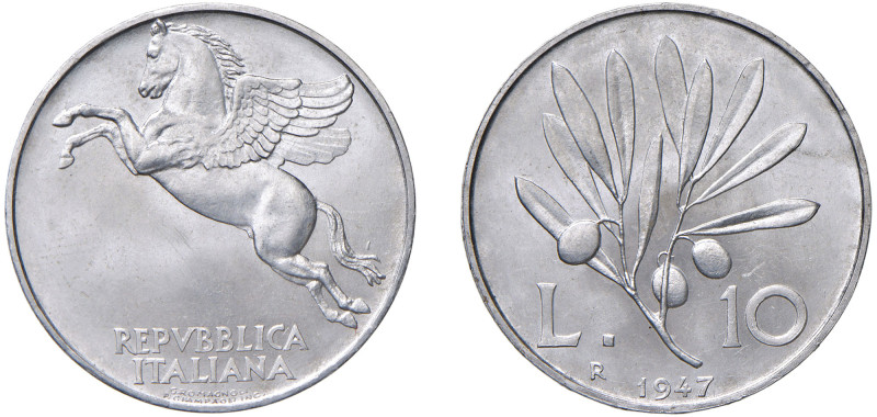 REPUBBLICA ITALIANA (1946-) - 10 lire 1947
Italma - 3,00 gr.
Dritto: Pegaso in...