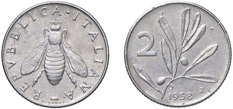 REPUBBLICA ITALIANA (1946-) - 2 lire 1958
Italma - 0,80 gr.
Dritto: Ape; - Rov...