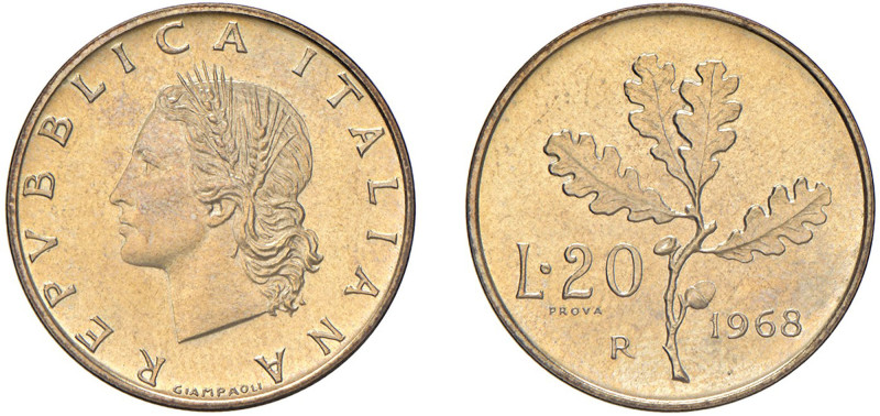 REPUBBLICA ITALIANA (1946-) - 20 lire 1968, PROVA
Bronzital - 3,60 gr.
Dritto:...