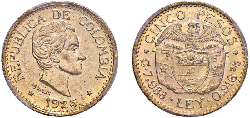 COLOMBIA - 5 peso 1925.
Oro - 7,98 gr.
KM# 204
Variante con F nella zecca e c...