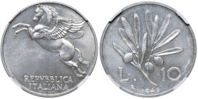 Repubblica Italiana (dal 1946) 10 Lire 1946 Ulivo - Gig. 229 It R • In slab NGC MS 64 n. 6634747-029.

FDC