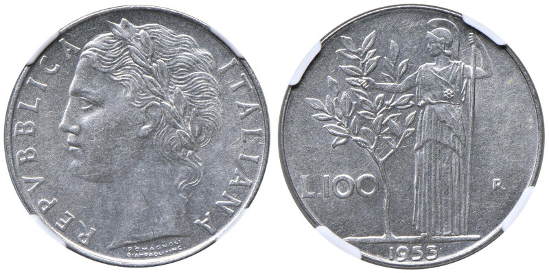 Repubblica Italiana (dal 1946) 100 Lire 1955 Minerva - Gig. 92 Ac • In slab NGC ...