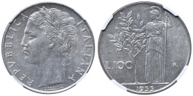 Repubblica Italiana (dal 1946) 100 Lire 1955 Minerva - Gig. 92 Ac • In slab NGC MS 62 n. 6634747-030.

qFDC