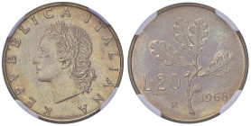 Repubblica Italiana (dal 1946) 20 Lire 1968 Prova - Gig. P5 Ba • 999 esemplari coniati. In slab NGC MS 64 n. 6634747-022.

FDC