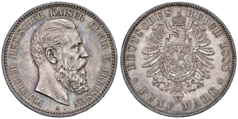 Germania - "Prussia" Friedrich III (1888) 5 Marchi 1888 A - KM 512 Jaeger 99 Ag ...