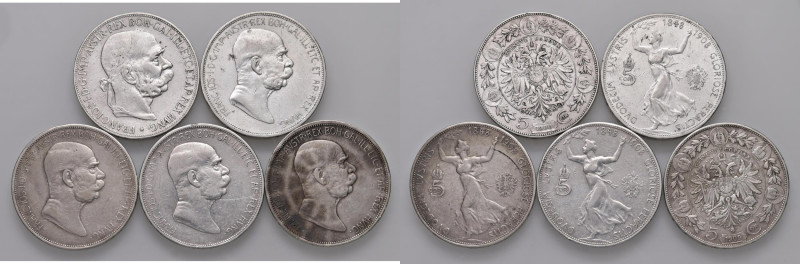 Austria - Franz Joseph I. Insieme di cinque monete da 5 Corone, 1900, 1908 (3), ...