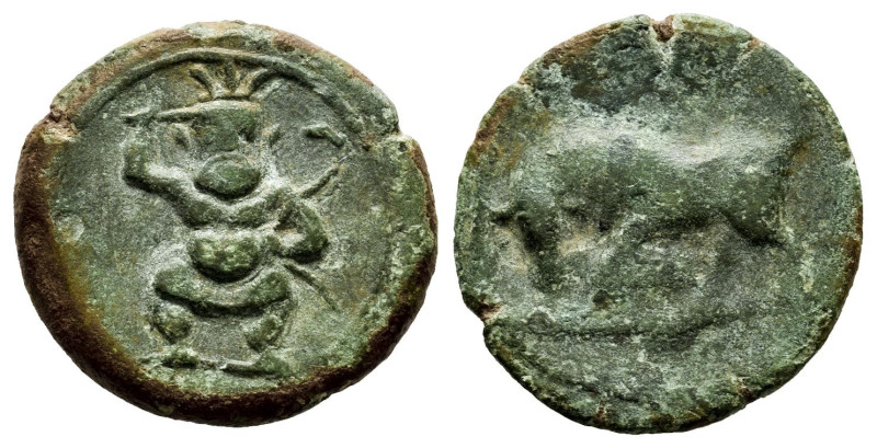 Ebusus. 1/4 calco. 200-100 BC. Ibiza. (Abh-923). (Acip-719). (C-22). Anv.: Bes w...