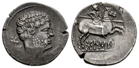 Bolskan. Denarius. 180-20 BC. Huesca. (Abh-1911). (Acip-1911). (C-2). Anv.: Bearded head right, iberian letters BON behind. Rev.: Horseman right, hold...