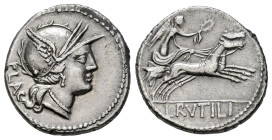 Rutilius. L. Rutilius Flaccus. Denarius. 77 BC. Rome. (Ffc-1095). (Craw-387/1). (Cal-1237). Anv.: Head of Roma right, wearing winged helmet, with viso...