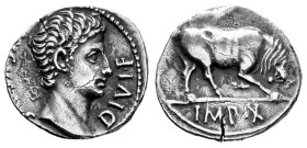 Augustus. Denarius. 15-13 BC. Lugdunum. (Ffc-108). (Ric-167a). (Cal-826). Anv.: (AVGVSTVS) DIVI. F. bare head of Augustus right. Rev.: IMP. X. in exer...