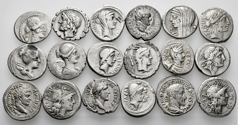 Lot of 18 denarii; Includes 14 from various families of the Roman Republic and 4...