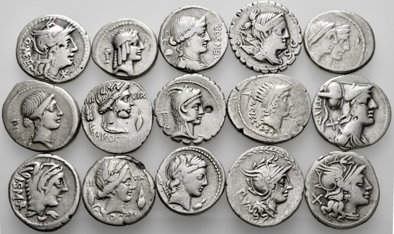 Lot of 15 denarii of the Roman Republic. TO EXAMINE. Almost VF/Choice VF. Est......