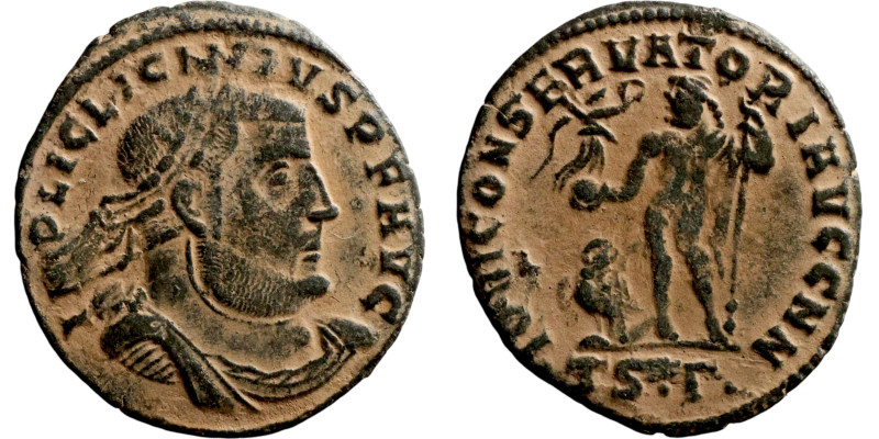 Licinius I. (321-323 AD). Follis. Obv: IMP C VAL LICIN LICINIVS P F AVG. laureat...