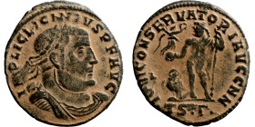 Licinius I. (321-323 AD). Follis. Obv: IMP C VAL LICIN LICINIVS P F AVG. laureate bust of Licinius right. Rev: IOVI CONSERVATORI.AVCCNN Jupiter standi...